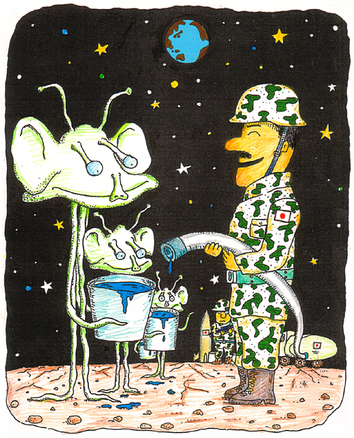 橋本勝の21世紀風刺絵日記：第８０回：自衛隊よ　国際貢献より、宇宙貢献を！！